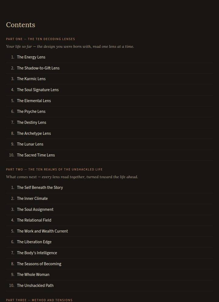 The organized table of contents of a real Atlas: Part One's ten decoding lenses and Part Two's ten realms of the unshackled life